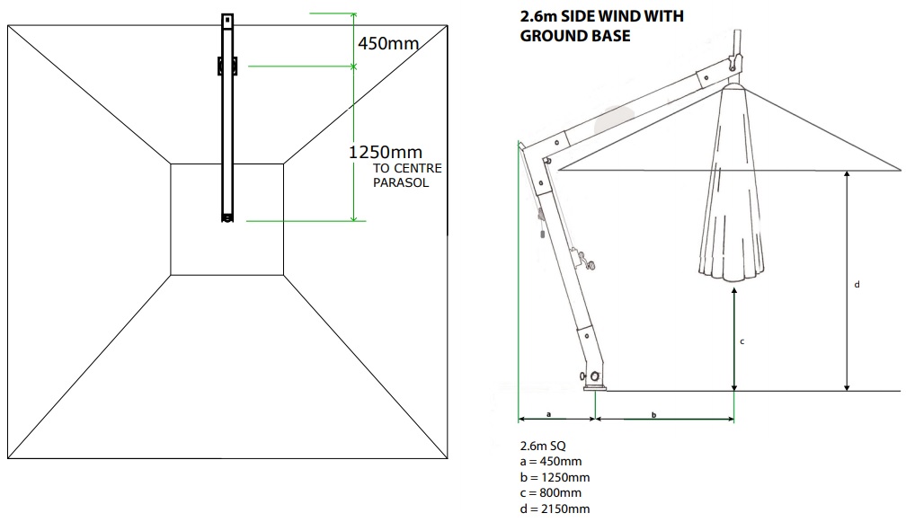 mesures du parasol déporté compact avec base encastrée